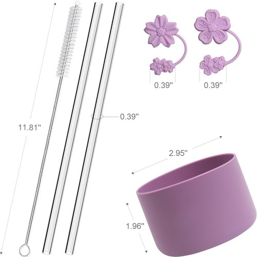 AFKLMNE 6-Pack for Stanley Cup Accessories Set 30/40 Oz Tumbler, 2 Straw Cover, 2 Replacement Straws, 1 Straws Cleaner Brush, 1 Boots, SIlicone Cherry Flower Straw Topper Cap (Lilac)