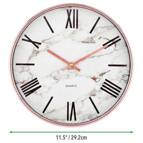 mDesign Modern Stylish Wall Clock for The Office, Bedroom, Kitchen, Bathroom, 11.5 Inch Diameter - Rose Gold Frame and Hands, Large Black Numbers on a Marble Background with a Clear Glass Cover