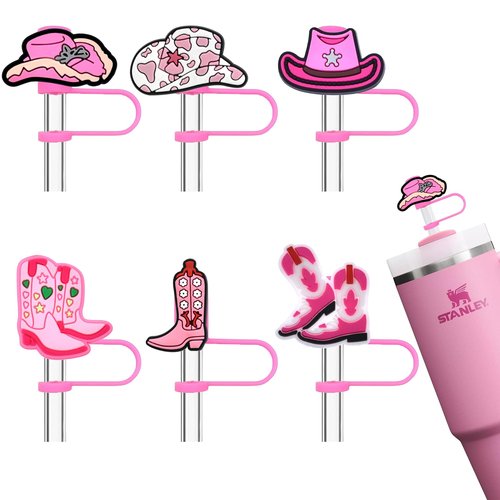 Amreich Cowboy Hat Straw Topper Cowgirl Boots Straw Cover Compatible with Stanley 30 40 Oz Tumbler, 6 PCs Pink Silicone Accessories Cute Western Girl Women Gifts