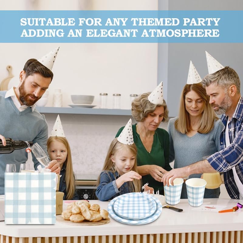 Skiennix 168-Piece Gingham Party Supplies Set - Disposable Plates, Napkins & Cutlery for 24 Guests | Blue