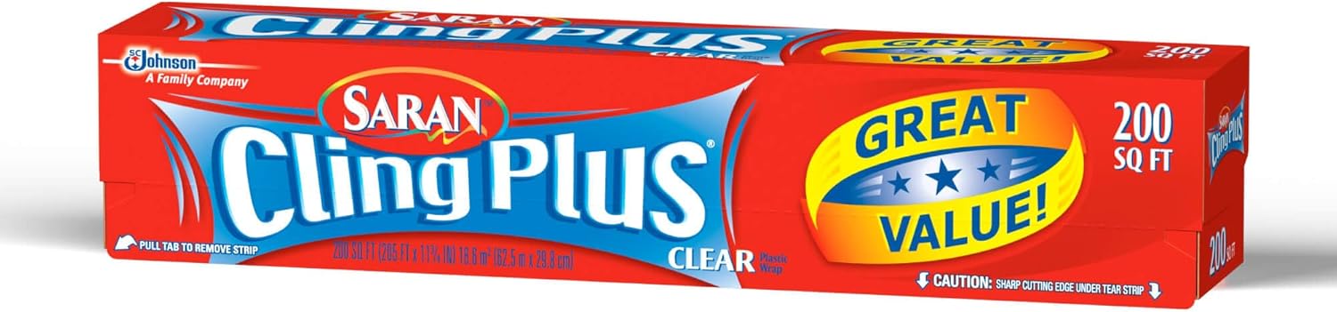 Saran Cling Plus Clear Plastic Wrap - Easy Dispense Food Storage, 200 Sq Ft Roll