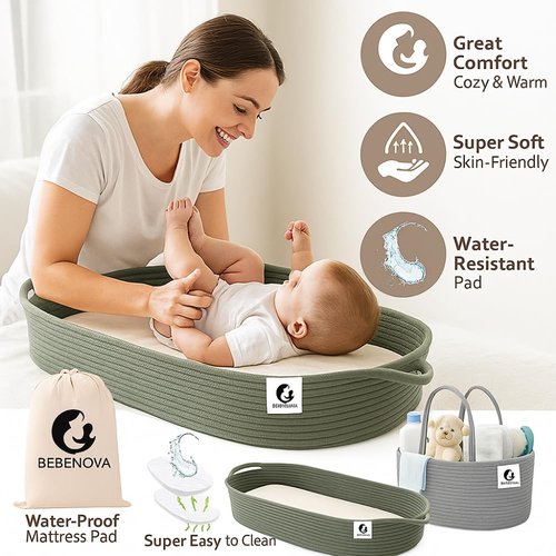 BEBENOVA Baby Changing Basket with Waterproof Pad, Baby Diaper Caddy Organizer, Blanket & Cotton Bag, Portable Changing Table Topper, Baby Changing Mat, Moses Baskets for Newborn (Grey)