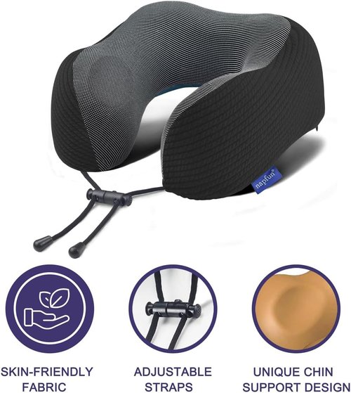 Napfun Neck Pillow - Memory Foam Travel Pillow with Pouch, Sleep Mask & Earplugs | Black Striped Kit