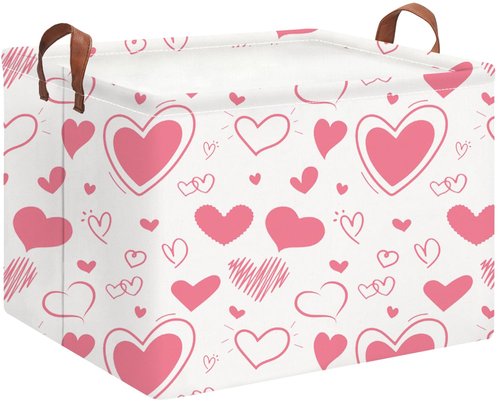 HKEC Rectangle Pink Gift Basket Empty with for Kids,Pink Valentine Bakset,Cute Organizer Toy Bin,Gift Basket for Girls/Kids(Pink & White Heart)