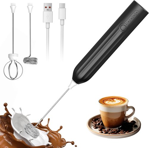 Milk Frother Powerful Handheld Rechargeable With 2 Stainless Heads 3 Speeds, Frother Wand Drink Mixer,Electric Whisk Foam Maker for Coffee,Lattes,Cappuccino,Hot Chocolate,Matcha, Egg- Black