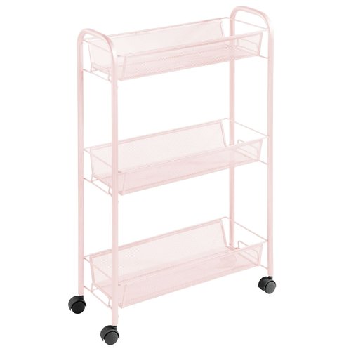 mDesign Steel Rolling Utility Cart Storage Organizer Trolley with 3 Basket Shelves for Laundry Room, Mudroom, Garage, Bathroom Organization - Holds Detergents, Hand Soap - Biro Collection, Light Pink