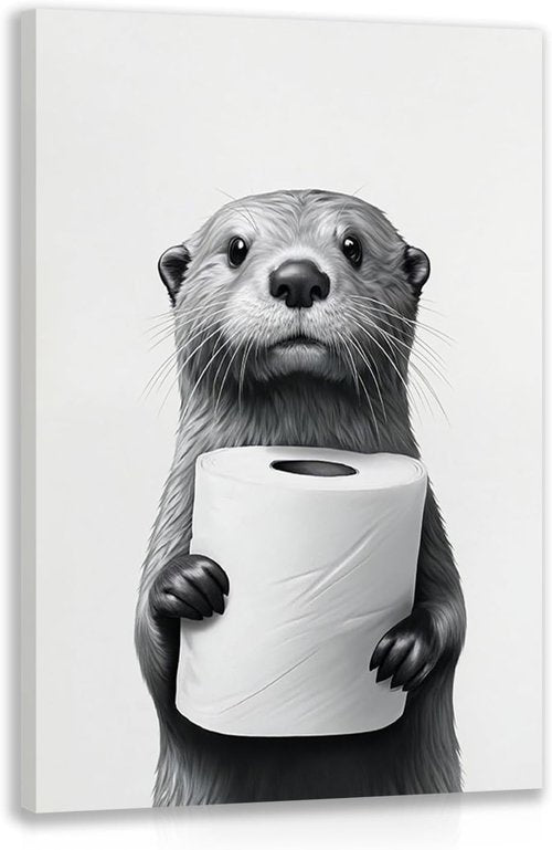 IAFWZX Funny Bathroom Wall Art - Black and White Otter Holding Toilet Paper | Cute Canvas Decor 12"x16"