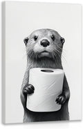 IAFWZX Funny Bathroom Wall Art - Black and White Otter Holding Toilet Paper | Cute Canvas Decor 12"x16"
