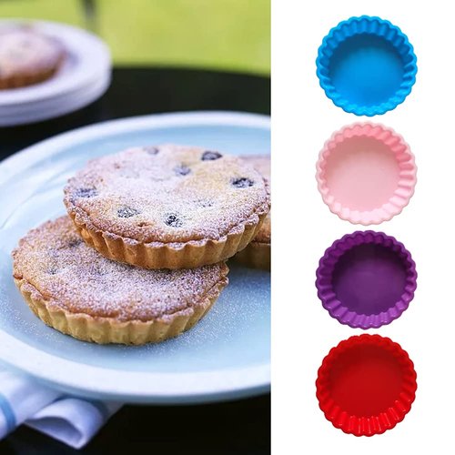 Kakalote 8pcs Silicone Mold Pie Pan, Non Stick Mini Quiche Molds Cupcake Muffin Baking Cups, Round Mini Tart Pan, Small Pie Baking Pan Tart Molds for Baking, Random Color