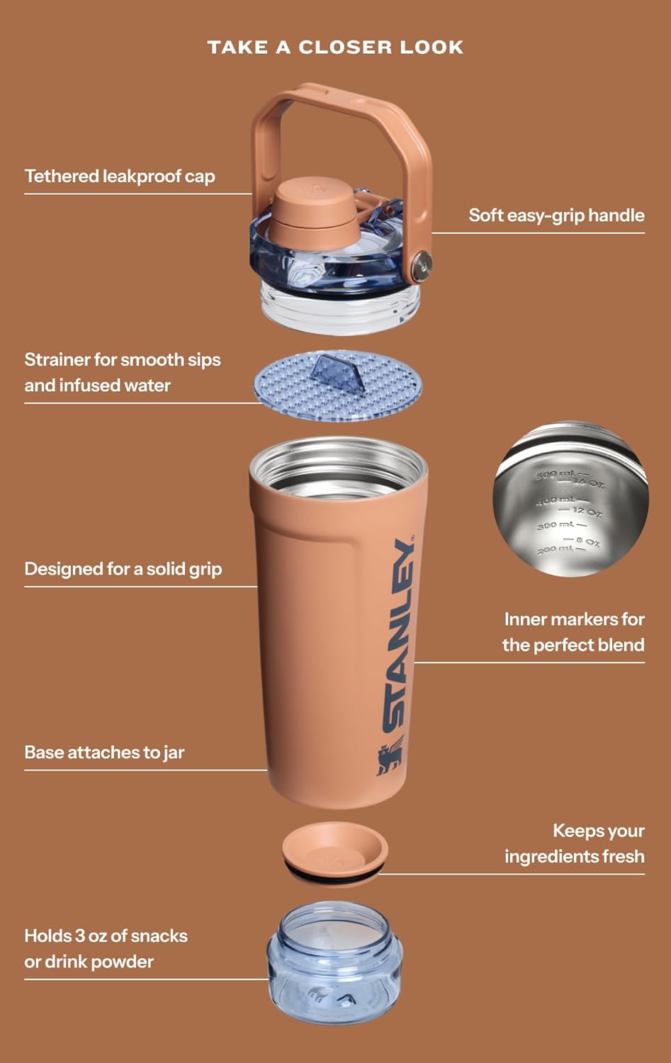 STANLEY Vitalize Shaker Bottle 20 oz - Leakproof Insulated Stainless Steel | Fast Flow Lid & Base Storage | BPA-Free | Chalk