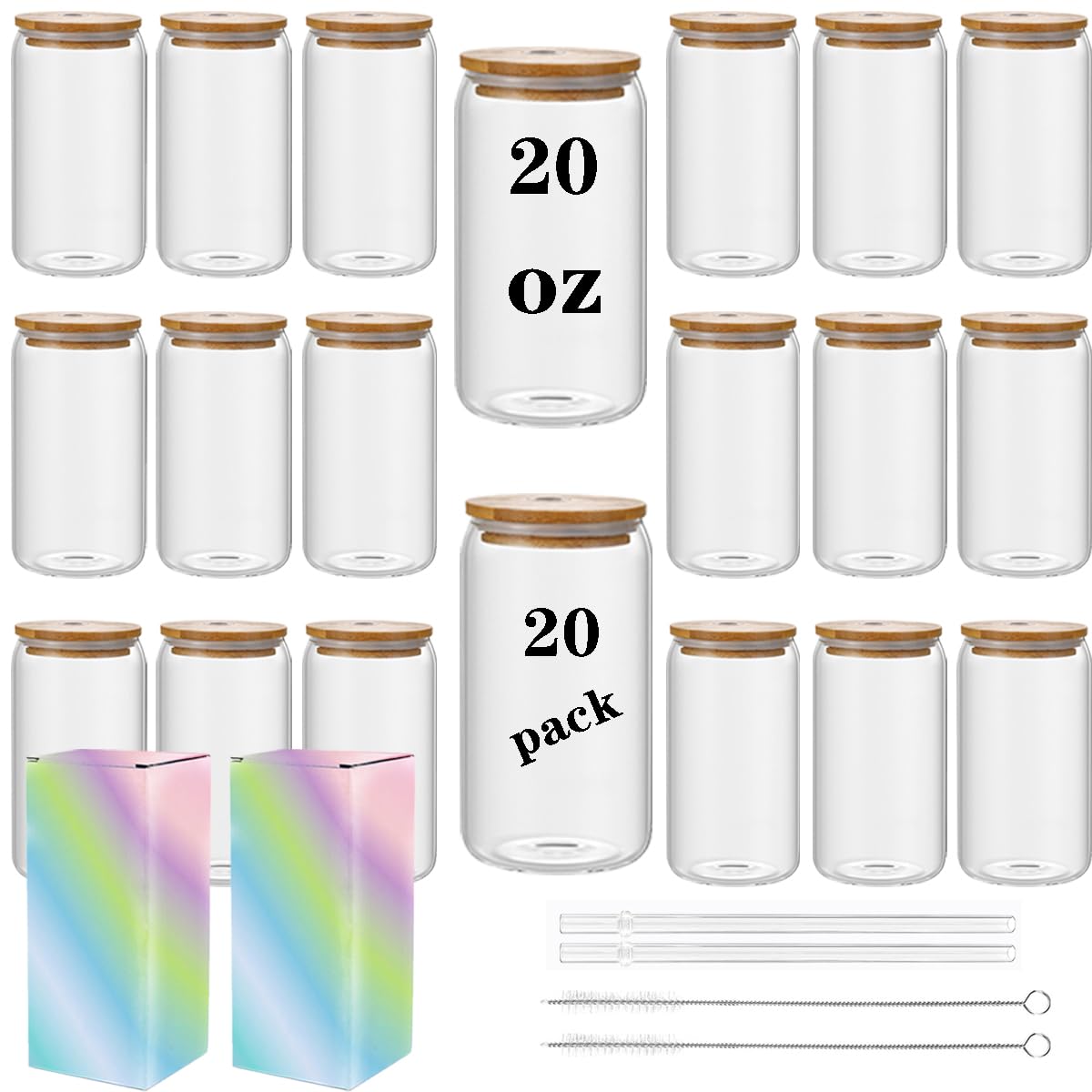 ABBSH Frosted Sublimation Glass With Bamboo Lid, Cups With Straws 16OZ Tumbler, Beer Can Glass Blanks 8Pack