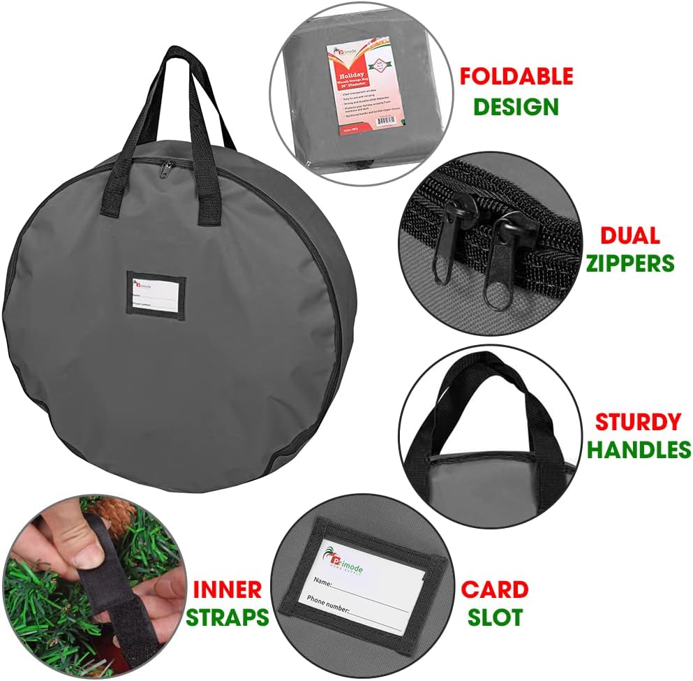 Primode Heavy Duty Christmas Wreath Storage Bag - Durable 600D Oxford Polyester - 24" Gray Container with Handles