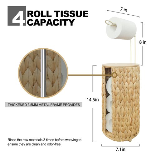 Coeusy Free Standing Toilet Paper Holder with Storage,Wicker Woven Hyacinth Toilet Paper Storage, Rattan Bathroom Decor 4 Rolls of Tissue Holder with Wooden Lid