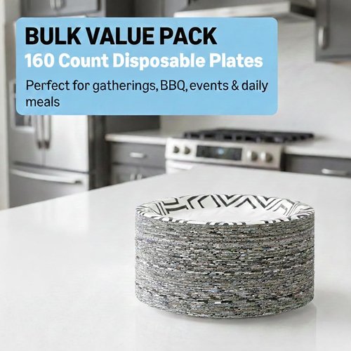 Decorative Paper Plates by [Brand Name] - 9 Inch, 160 Count, Soak Proof & Microwave Safe for Parties & Everyday Use