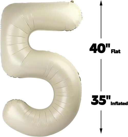 Large Number 5 Birthday Balloon by Cream White - Foil Mylar for 5th, 15th, 25th Celebrations | Perfect for Kids & Adults