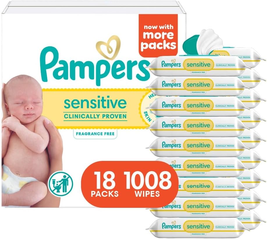 Pampers Sensitive Baby Wipes - Hypoallergenic & Unscented | 18 Flip-Top Packs (1008 Wipes Total)