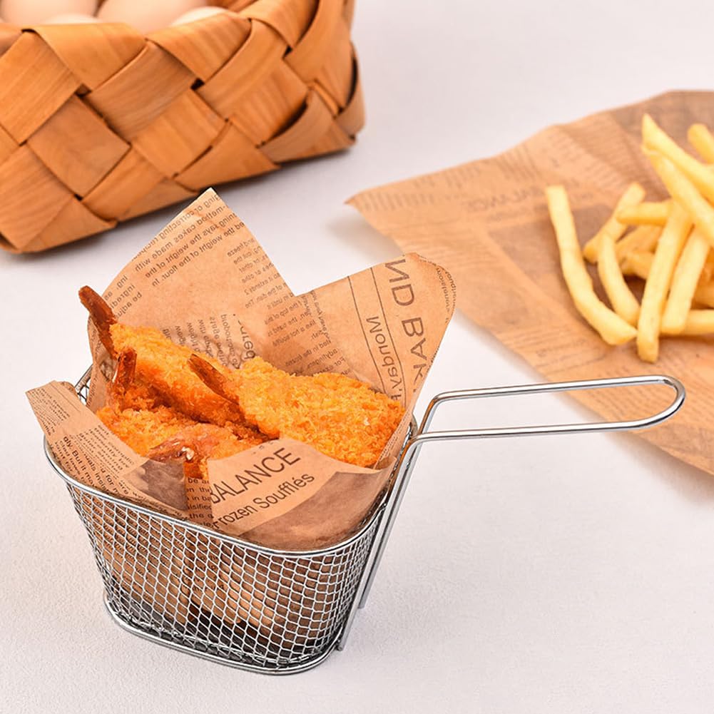 12 Pieces Fries Basket, Mini Square French Fry Chip Holder Food Snack Baskets For Serving, Stainless Steel Fry Basket with Handle Kitchen Restaurant