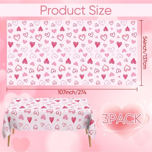 Valentines Tablecloth, 3Pack Valentines Day Tablecloth Decorations, 54x108 Inch Pink Heart Valentine Table Cloth Rectangle Disposable Table Cover for Valentine's Day Anniversary Wedding Party Supplies