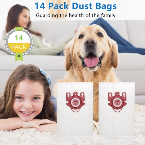 14 Pack 3D Airclean FJM Replacement Vacuum Bags Compatible with Miele Classic C1, Complete C1, C2, C3, S400i S600 S2 S5 S8 Series, with 4 MP Filters, 4 AC Filters