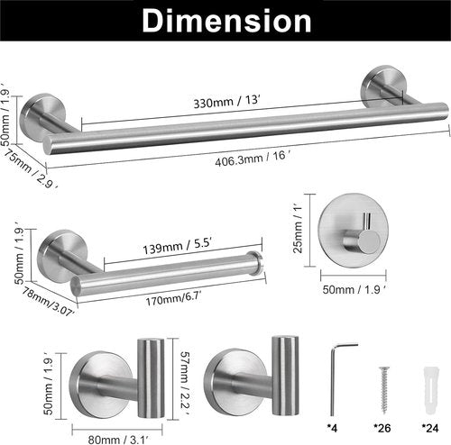 NearMoon Bathroom Hardware Set SUS 304 Thicken Stainless Steel-Towel Bar Set Include 16" Towel Rod, Toilet Paper Holder, Multifunctional Hooks Bathroom Accessories (Brushed Nickel, 10 Pcs)