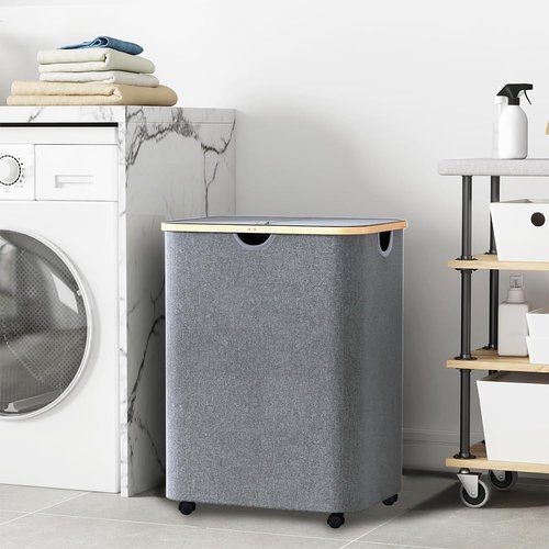 Large Laundry Hamper with Wheels | 144L Collapsible Laundry Basket with Removable Bag | Dirty Clothes Hamper with Lid for Bedroom, Bathroom | CarzyHome Double Rolling Laundry Basket with Handles, Grey