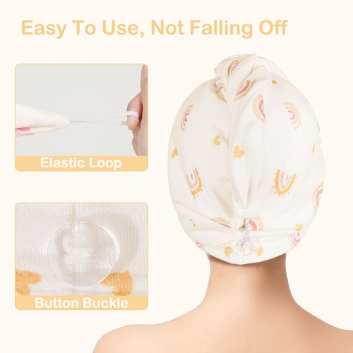 FIOBEE Microfiber Hair Towel Wrap for Kid Rapid Drying Towel Absorbent Hair Turbans for Wet Hair with Button Women Girls Long Curly Hair Pack of 2, Pink/Coffee Rainbow