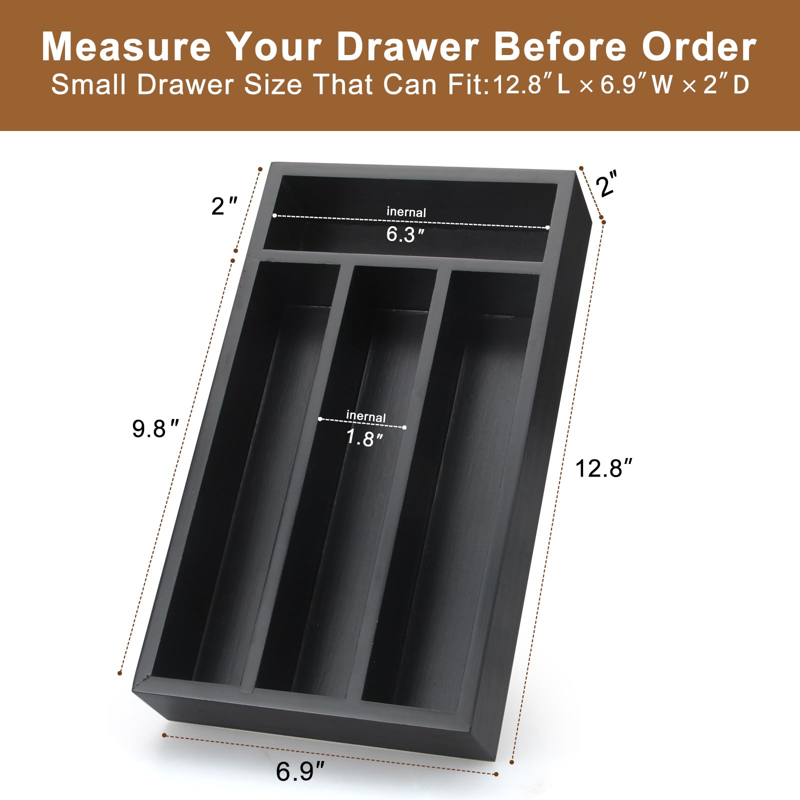 Ayiaren Wooden Silverware Drawer Organizer Tray Small Kitchen Utensil Holder for Drawer Narrow Flatware Organizers Divider Black Wood Cutlery Trays Bamboo Utensil Organizer Spoon and Fork Holder Tray