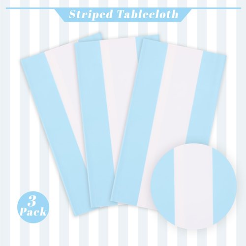 Kesfey 3 Packs Light Blue and White Striped Table Cloth 54 x 108 Inches Bluey Stripe Table Cover Disposable Plastic Beach Tablecloths Waterproof Rectangle Picnic Tablecover for Pool Birthday Party