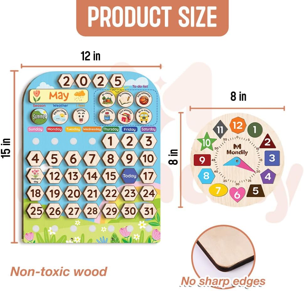 Skiennix Interactive Wooden Calendar for Kids Ages 3+ | Teach Seasons & Daily Activities (12 x 15 Inches)