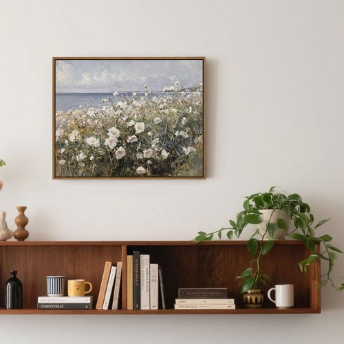 Framed Landscape Wall Art - Blue Ocean Theme with White Flowers | Abstract Floral Painting, 8x10 Inch
