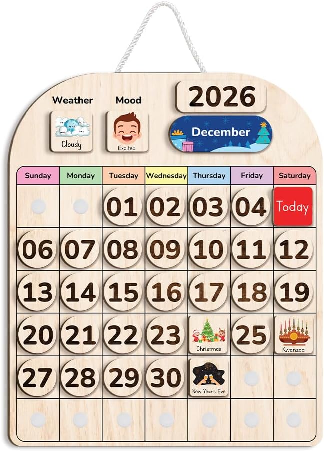 TinyKidz Wooden Calendar - Educational Toddler Calendar for Home & Classroom | Months & Days Learning Tool