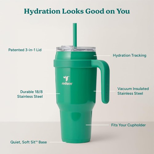 40 oz REDUCE Stainless Steel Tumbler with Handle - Insulated Travel Mug, Sweat-Proof Lid & Reusable Straw - Keeps Drinks Cold for 24 Hrs, Fits Cupholders, Dishwasher Safe - Palm Leaf