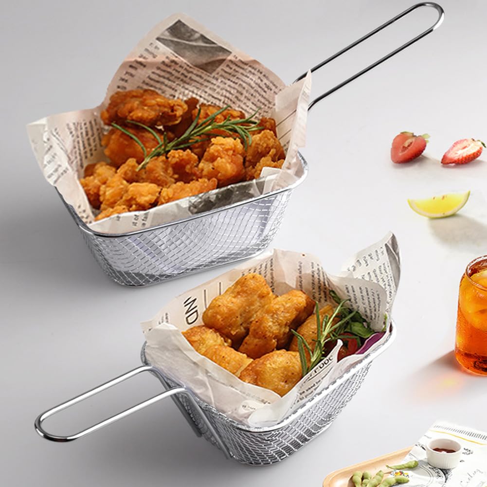 12 Pieces Fries Basket, Mini Square French Fry Chip Holder Food Snack Baskets For Serving, Stainless Steel Fry Basket with Handle Kitchen Restaurant