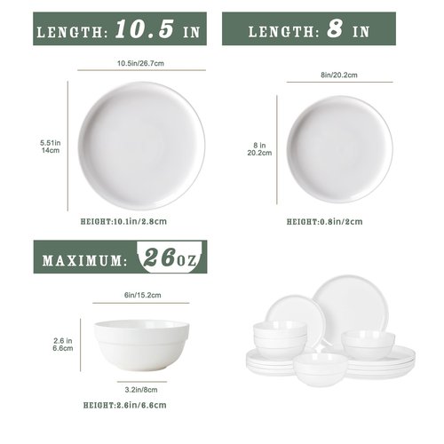 HAPPY KIT 12 Pieces Porcelain Dinnerware Set, Serving Plates and Bowls Set for 4, Chip and Scratch Resistant White Kitchen Dishware Sets, Thick-edge Non-slip Design