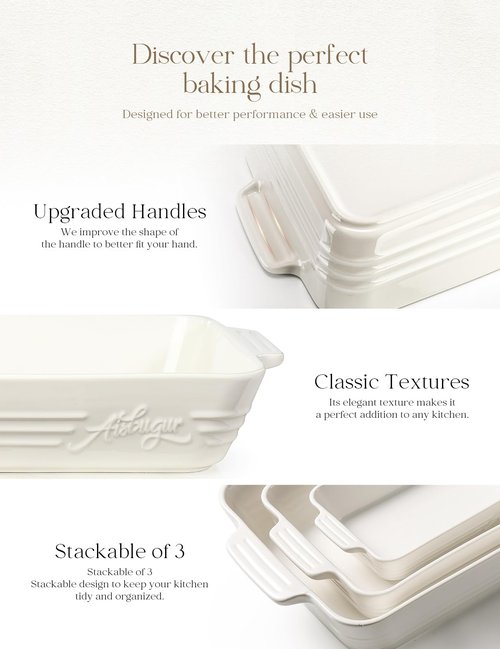 Ceramic Baking Dish Set, 3-Piece Casserole Dishes for Oven, Rectangular Baking Pans, Deep Lasagna Pans with Handles, Multi-Size Set for Cooking, Baking, Serving, and Gifting, White (16.1''/12.2''/9'')