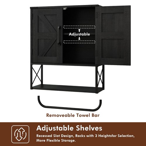 RUSTOWN Farmhouse Medicine Cabinet with 2 Barn Door, Wood Wall Mounted Storage Cabinet with Adjustable Shelf and Towel Bar, 3-Tier Bathroom Cabinet for Bathroom, Living Room(Black, Medium)