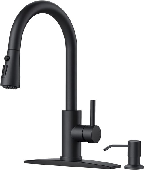 FORIOUS Black Kitchen Faucet - Classic High Arc Design with Soap Dispenser & Pull Down Sprayer | Stainless Steel