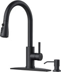 FORIOUS Black Kitchen Faucet - Classic High Arc Design with Soap Dispenser & Pull Down Sprayer | Stainless Steel