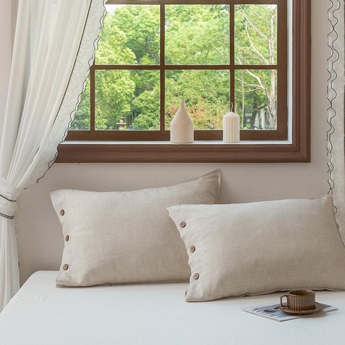 EVERLY 100% Linen Pillowcases Set of 2, French Linen from Normandy, 20X36Inch Standard Size, Natural Color, Coconut Buttons Closure, Flax Pillowshams-Pillowcase-Linen