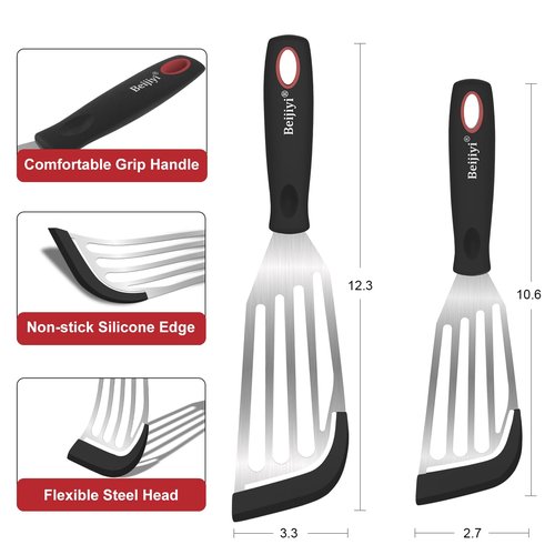 Beijiyi Fish Spatula Turner Set of 2, Heat Resistant Silicone Edge Slotted Fish Spatulas for Nonstick Cookware, Flexible and Thin Stainless Steel Kitchen Cooking Spatula Flipper for Fish, Egg, Pancake