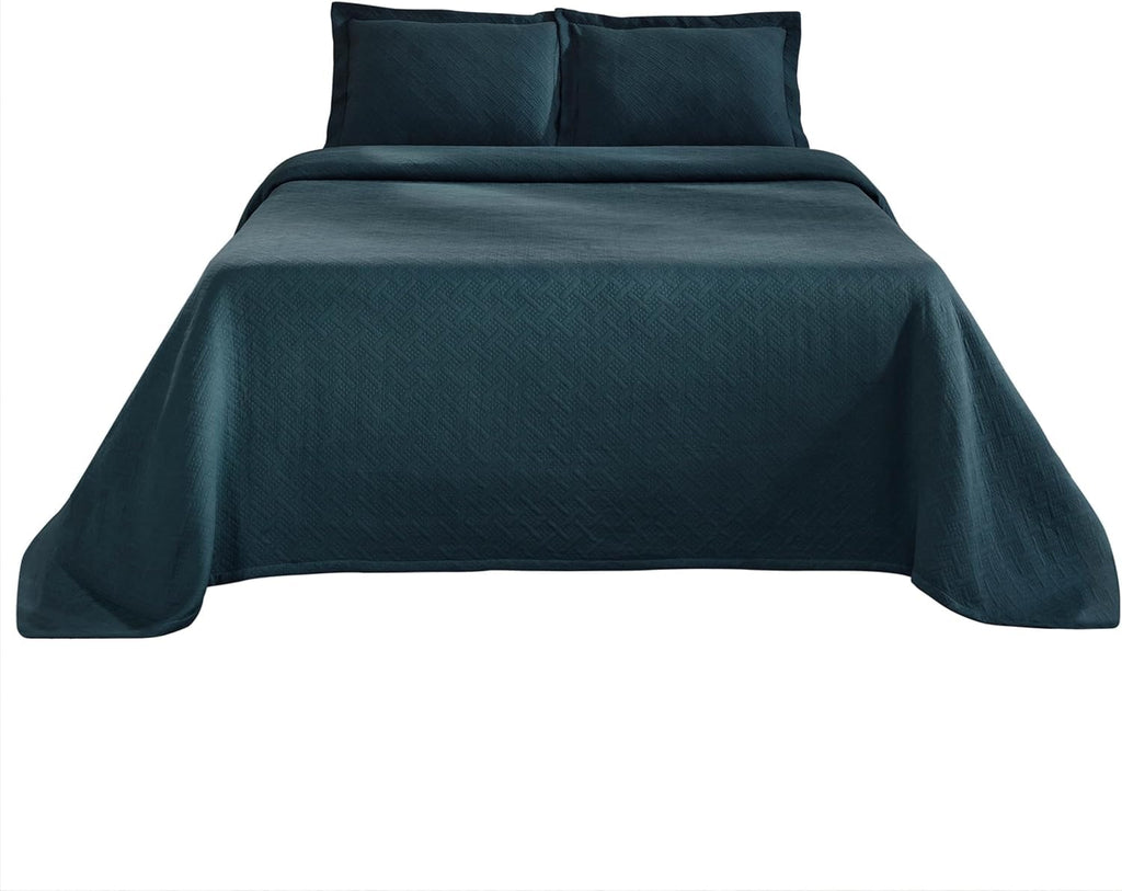 Superior Basketweave Cotton 2 Piece Bedspread Set, Home Bed Decor, Decorative Textured Bed Spread, 1 Pillow Sham, Airy Blanket, Matelasse Coverlet Bedding, Lattice Pattern, Twin, Deep Sea