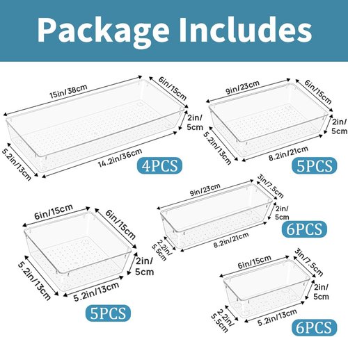 Large Clear Drawer Organizer Bins by Skiennix - 26 PCS Versatile Plastic Trays with Non-Slip Pads for Makeup, Jewelry, and Office Storage