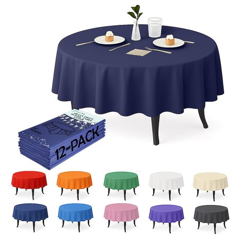 Craft And Party 12-Pack Navy Blue Plastic Tablecloths – 84 Inch Round Disposable Table Covers, Heavy Duty & Waterproof for Parties, Events, Banquets, Navy Blue