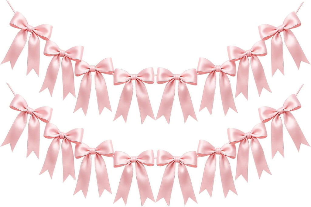 Skiennix 16PCS Pink Bow Garlands - Pre-Strung Satin Ribbon Ornaments for Celebrations & Events