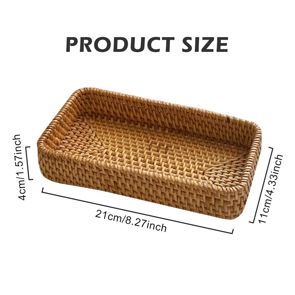 ‌Rattan Serving Tray & Vanity Storage Basket, Natural Wicker Display Tray for Keys, Jewelry, Cosmetics, Bathroom Countertop, Living Room, Entryway, Office