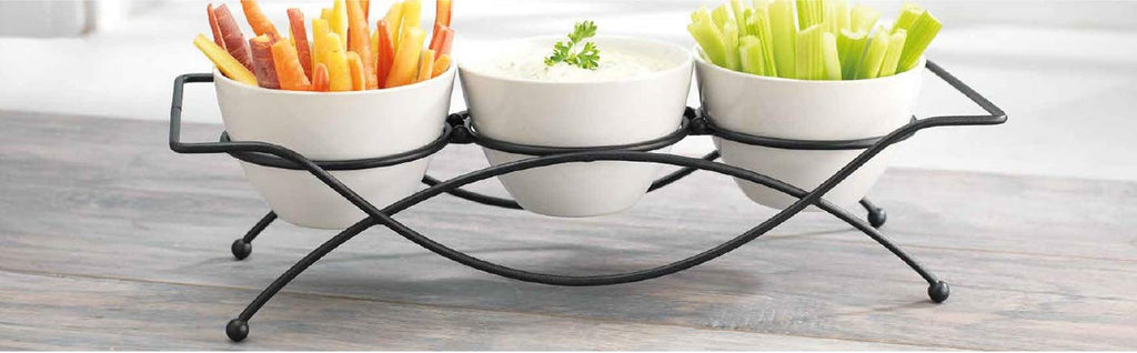 Elegant 4-piece Tier Relish Tray with White Ceramic Bowl Dish & Stand, Server Set with Metal Rack, Buffet Server for Appetizers, Candy, Nuts and Dips & Favorite Food.