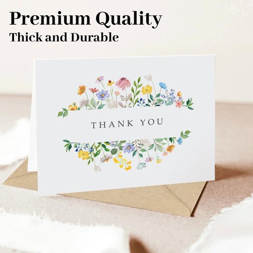 Hidreas 48 Pack Floral Thank You Cards with Envelopes, Watercolor Wildflower Thank You Notes with Kraft Envelopes Sticker for Birthday Wedding Baby Shower Bridal Shower Teachers Graduation, 4 x 6 Inch