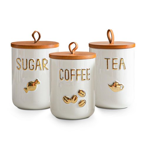 Sowlvenco White Ceramic Canister Set for Coffee Tea Sugar, 3-Piece Food Storage Jars with Wood Airtight Lids, Decorative Small Container for Kitchen Pantry Counter - 25oz