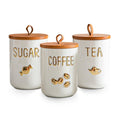 Sowlvenco White Ceramic Canister Set for Coffee Tea Sugar, 3-Piece Food Storage Jars with Wood Airtight Lids, Decorative Small Container for Kitchen Pantry Counter - 25oz
