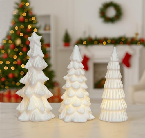 Dlfghos Lighted Ceramic Christmas Tree Decor 3Pcs Small White Christmas Trees with Lights Xmas Tree Figurines for Tabletop Mantel Shelf Fireplace Holiday Decorations for Home and Gift